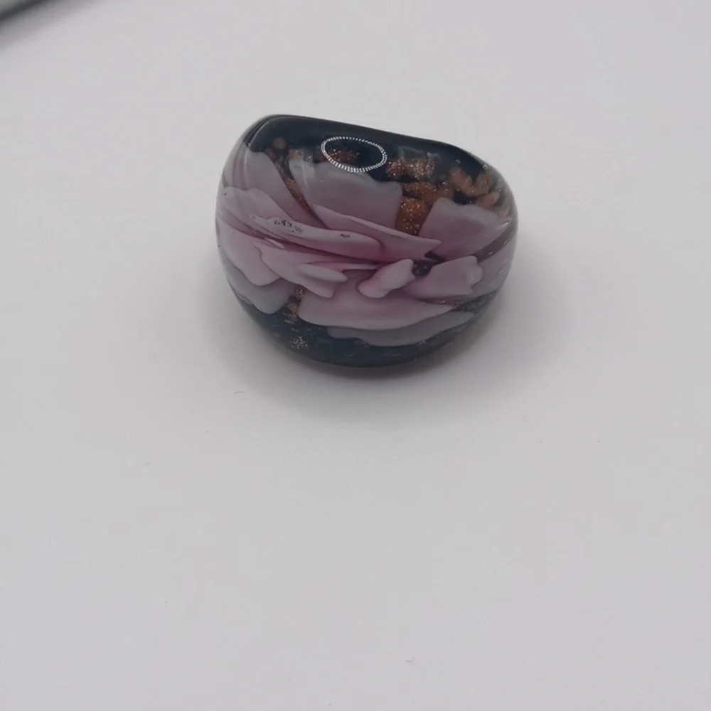 Black Glass Art Ring With A Pink Floral Design